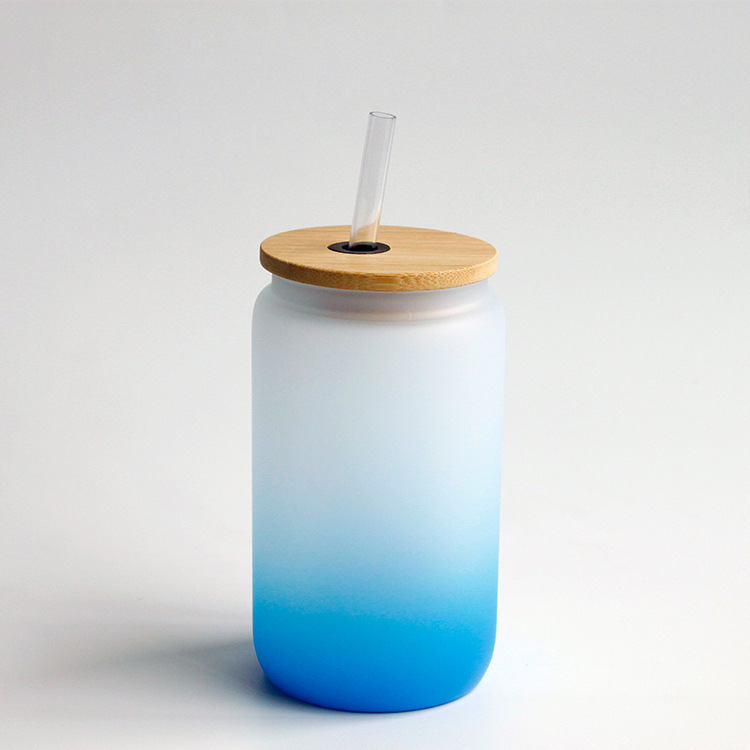16oz Sublimation Gradient Glass Mason Jar Bottle Sublimation Cup with Bamboo Lid