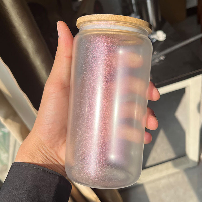 16oz Sublimation Irridescent Glass Mason Jar Bottle Sublimation Glass Cup with Bamboo Lid