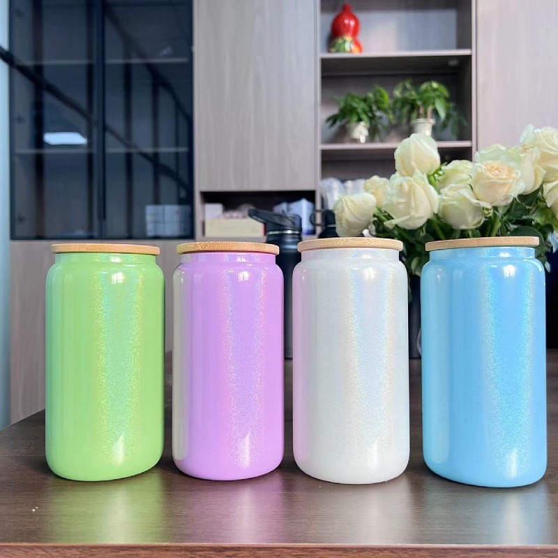 NEW 16oz Sublimation Glitter Shimmer Glass Cup with Bamboo Lid