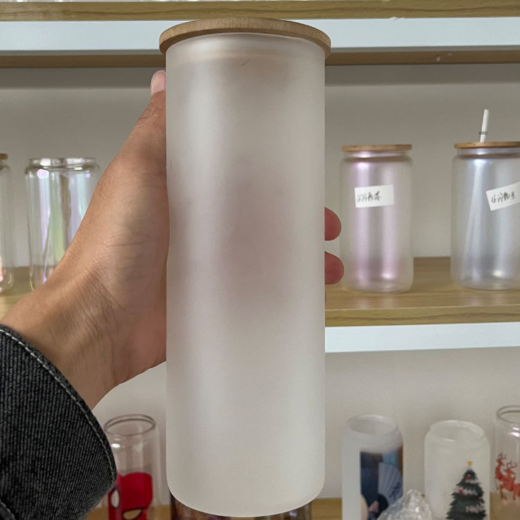 12oz/16oz/25oz Sublimation Clear Frosted Glass Cup with Bamboo Lid