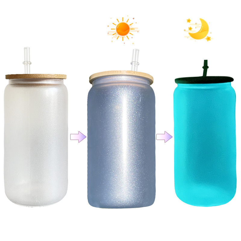 China RTS 16oz Sublimation UV Color Change + Glow in Dark Glass Can (50PCS)