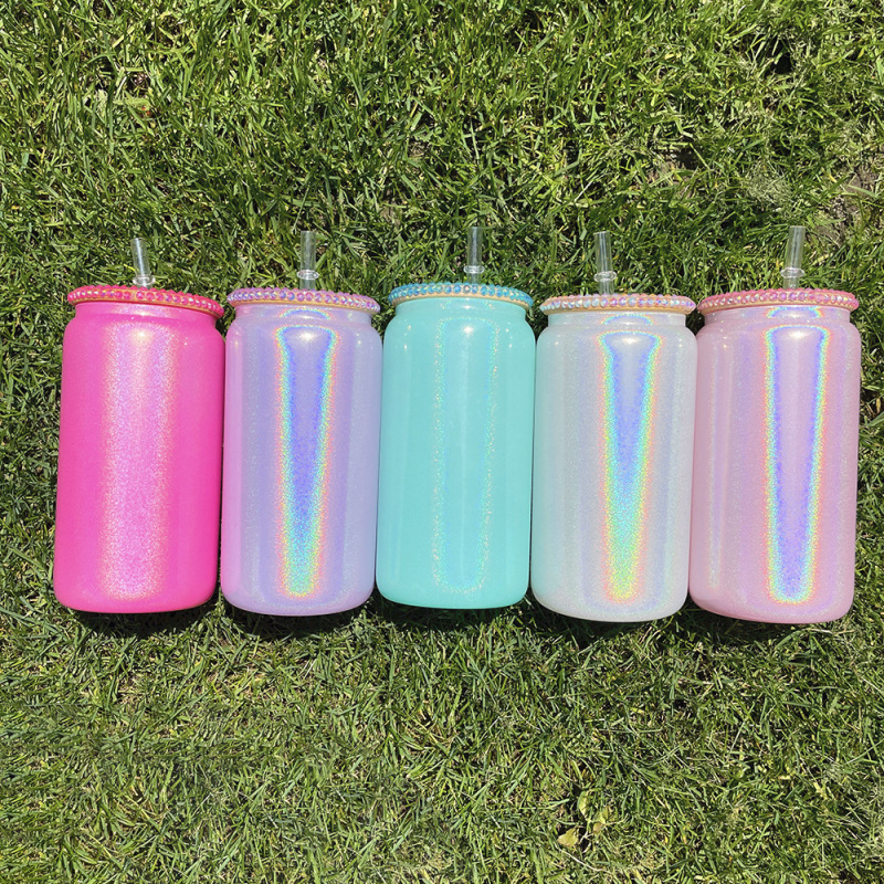 NEW China RTS 15oz/16oz Sublimation Shimmer White Glass Can with Diamond Lid (50PCS)