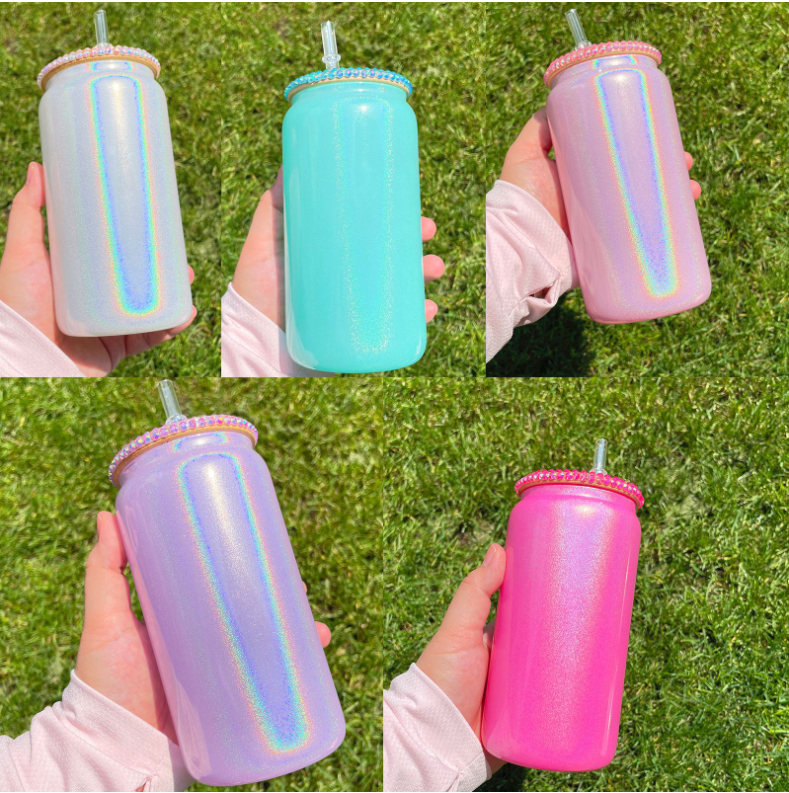 NEW China RTS 15oz/16oz Sublimation Shimmer White Glass Can with Diamond Lid (50PCS)