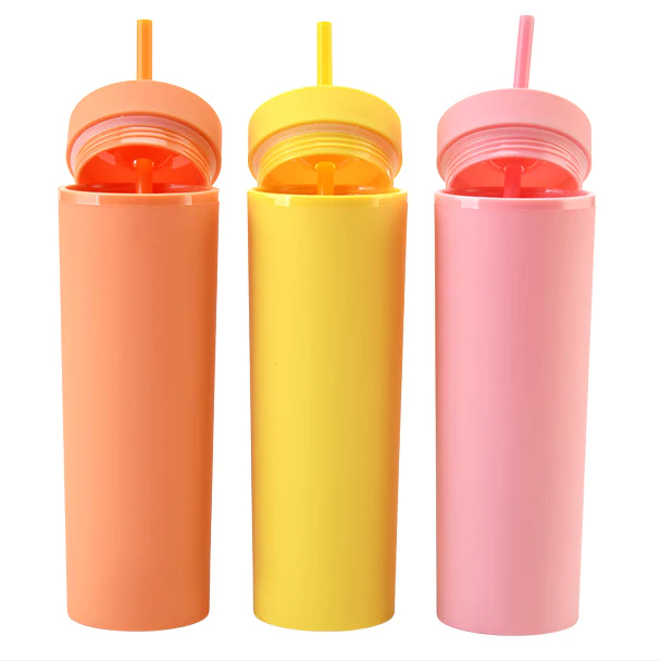 US RTS 16oz Matte Double Wall Plastic Cup Skinny with Plastic Straw(30PCS)