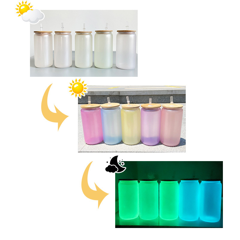 China RTS 16oz Sublimation UV Color Change + Glow in Dark Glass Can (50PCS)