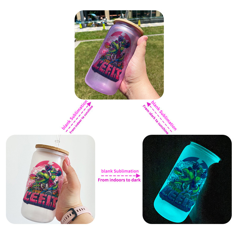 China RTS 16oz Sublimation UV Color Change + Glow in Dark Glass Can (50PCS)