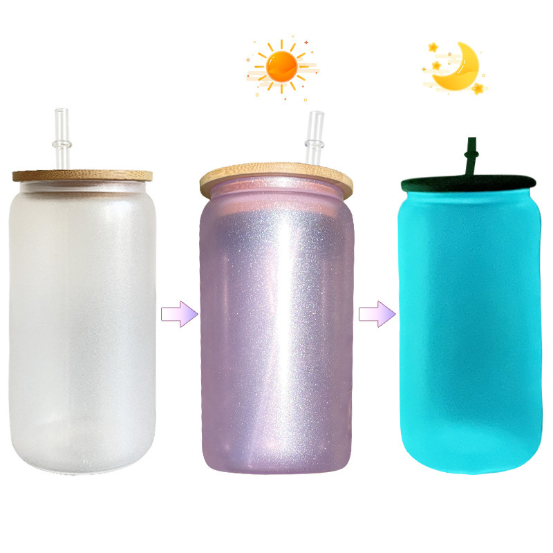 China RTS 16oz Sublimation UV Color Change + Glow in Dark Glass Can (50PCS)