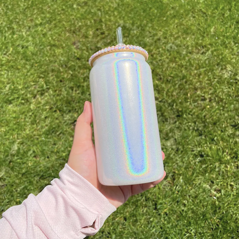 NEW China RTS 15oz/16oz Sublimation Shimmer White Glass Can with Diamond Lid (50PCS)