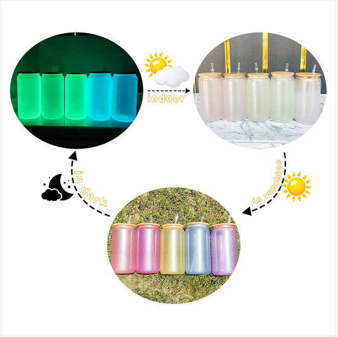 China RTS 16oz Sublimation UV Color Change + Glow in Dark Glass Can (50PCS)