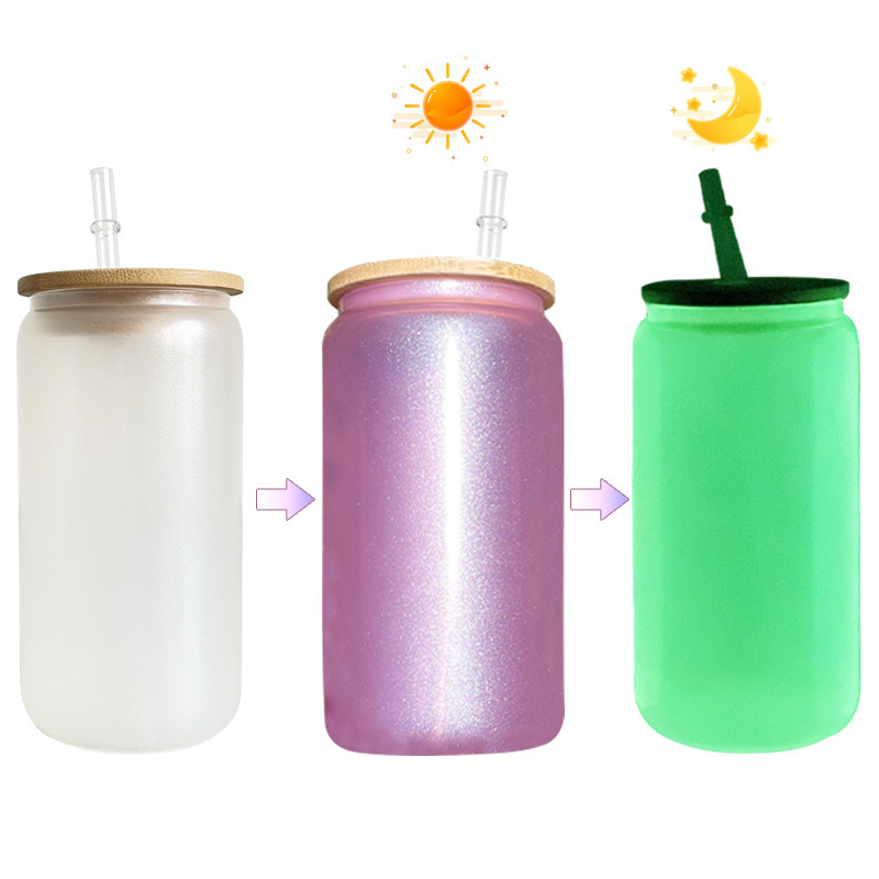 China RTS 16oz Sublimation UV Color Change + Glow in Dark Glass Can (50PCS)