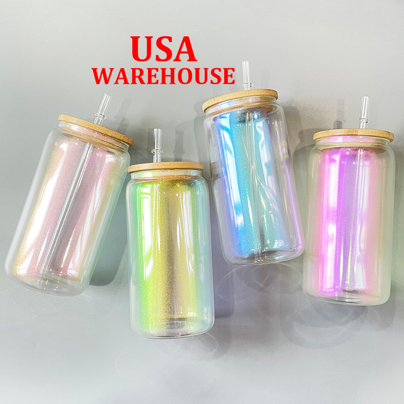 US RTS 16oz Sublimation Iridescent Glass Can Jar Free Shipping (25PCS)