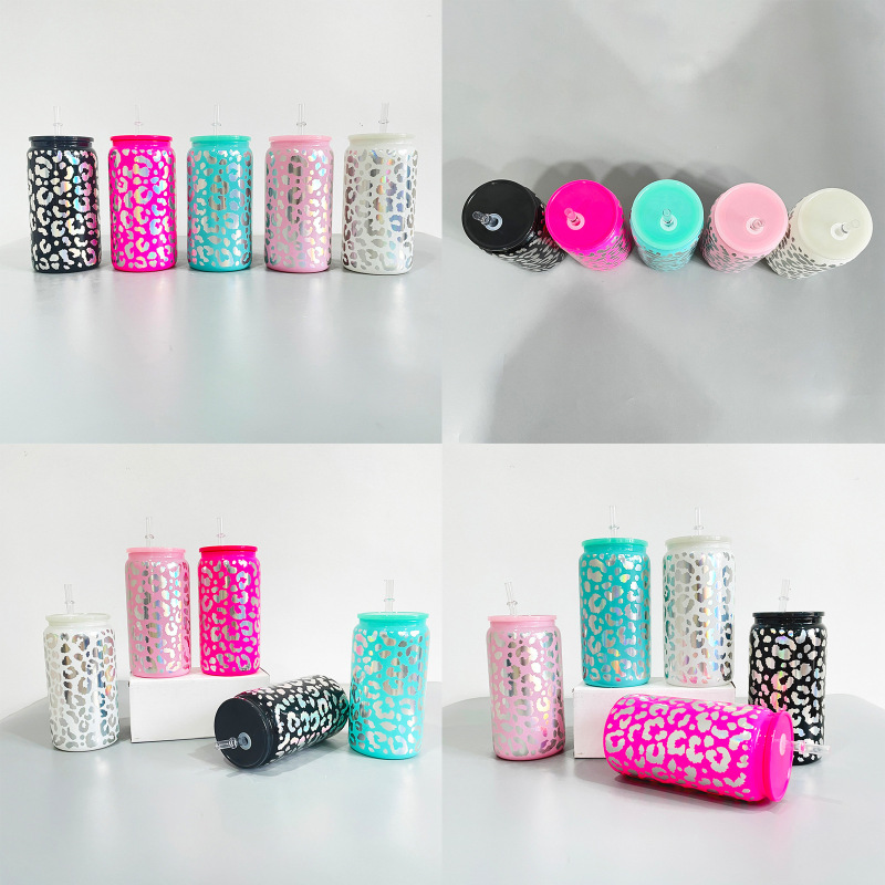 NEW China RTS 16oz Shimmer Leopard Glass Can with Diamond Lid (50PCS)