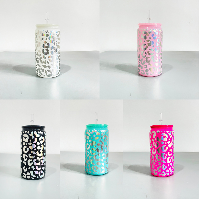 NEW China RTS 16oz Shimmer Leopard Glass Can with Diamond Lid (50PCS)