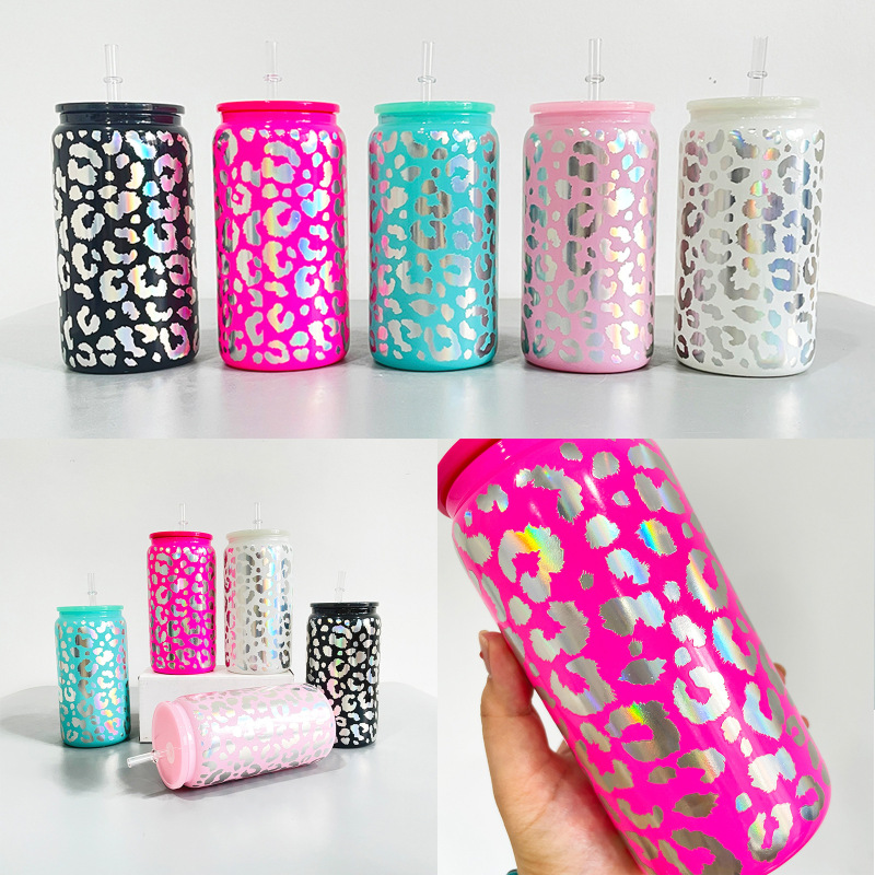 NEW China RTS 16oz Shimmer Leopard Glass Can with Diamond Lid (50PCS)
