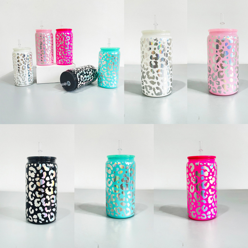 NEW China RTS 16oz Shimmer Leopard Glass Can with Diamond Lid (50PCS)
