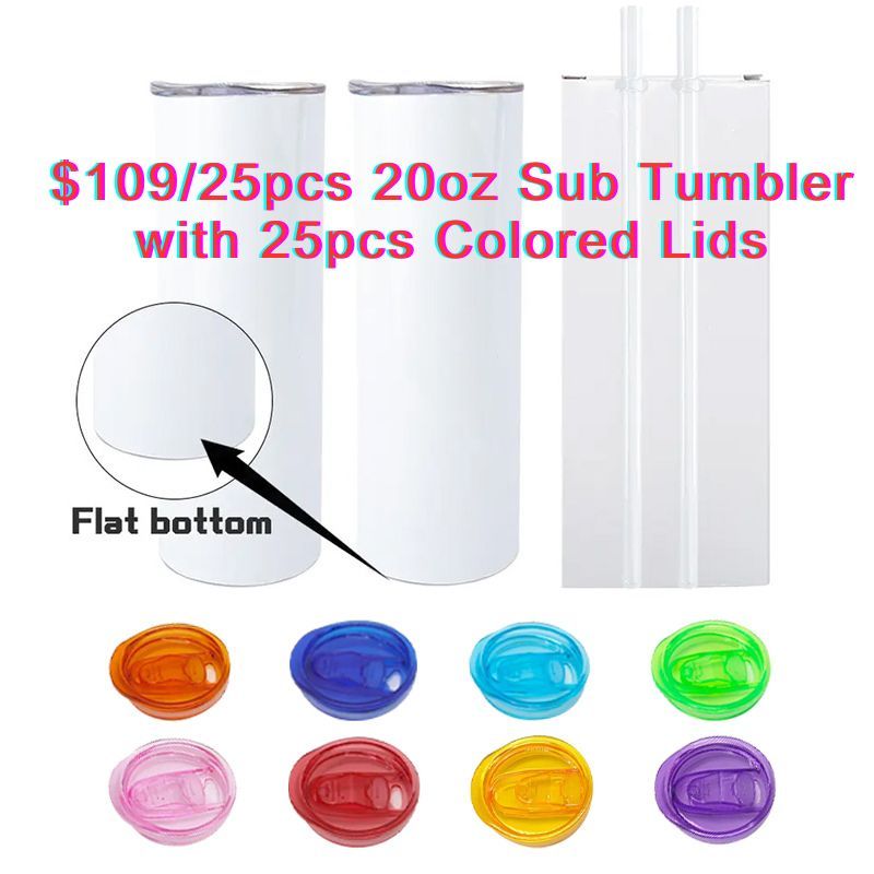 NEW US RTS 20oz Sub Flat-Edge Tumbler with 25pcs Colored Lids (25PCS)