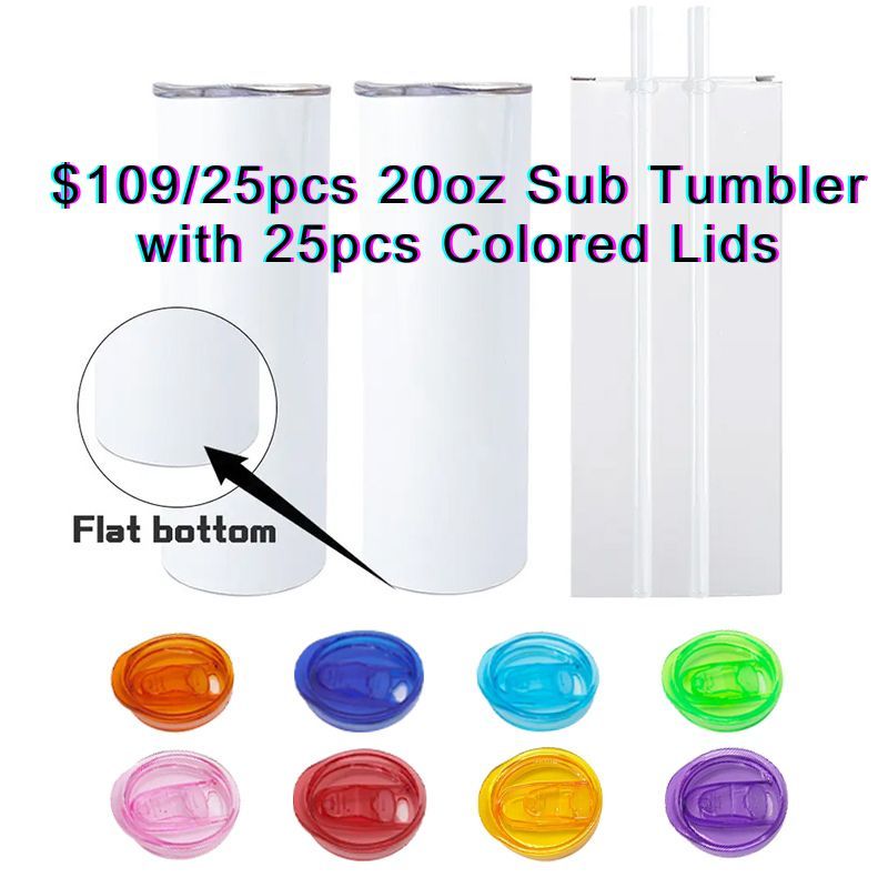 NEW US RTS 20oz Sub Flat-Edge Tumbler with 25pcs Colored Lids (25PCS)