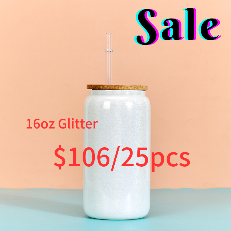 US RTS 16oz Sublimation Glitter Shimmer Glass Can Free Shipping (25PCS)