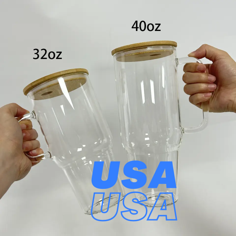 RTS US 32oz/40oz Sublimation Clear/Frosted Glass Mug with Handle Free Shipping (12PCS)