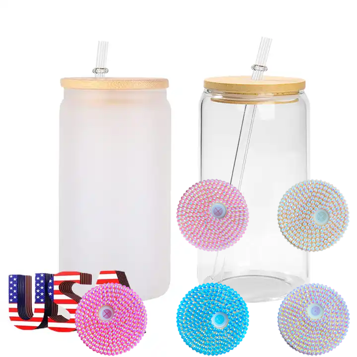 US RTS 16oz Sublimation Frosted/Clear Glass Libby Can with Rhinestone Lids Free Shipping (25PCS/50PCS)
