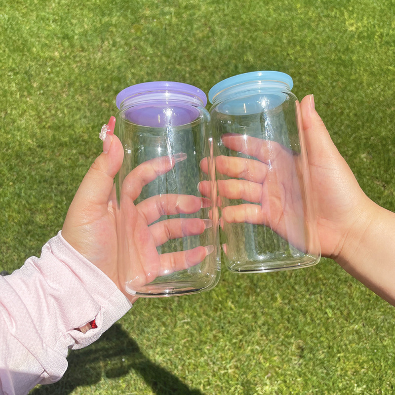 US RTS 16oz Sublimation Frosted/Clear Glass Libby Can with Colored Lids Free Shipping (25PCS/50PCS)