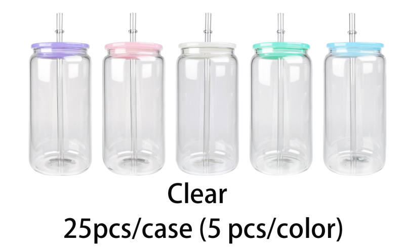 US RTS 16oz Sublimation Frosted/Clear Glass Libby Can with Colored Lids Free Shipping (25PCS/50PCS)