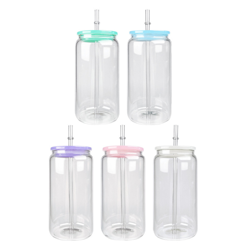 US RTS 16oz Sublimation Frosted/Clear Glass Libby Can with Colored Lids Free Shipping (25PCS/50PCS)