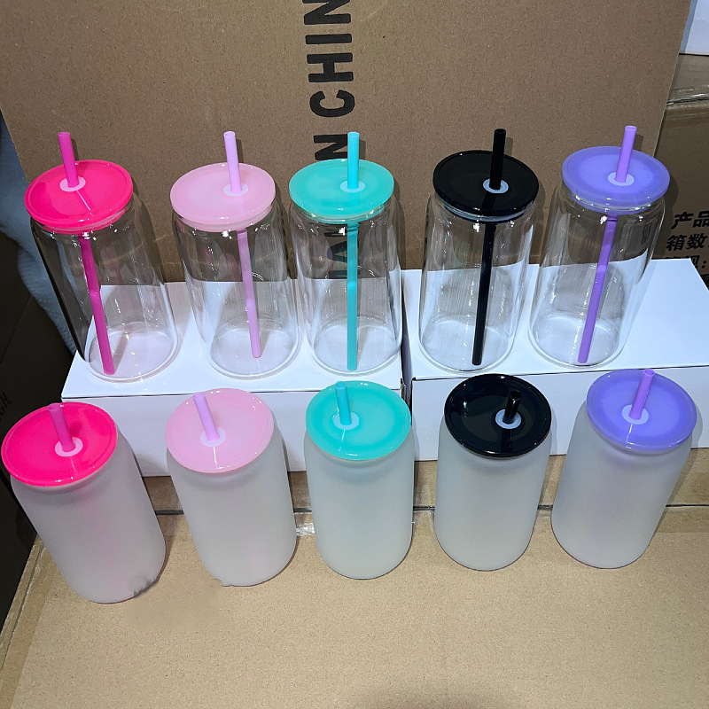 NEW China RTS 16oz Sublimation Glass Libby Can with Colored Lid and Straw Free Shipping (25PCS/50PCS)
