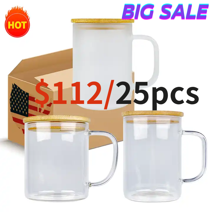 RTS US 15oz Sublimation Clear/Frosted Glass Mug with Handle Free Shipping (25PCS)