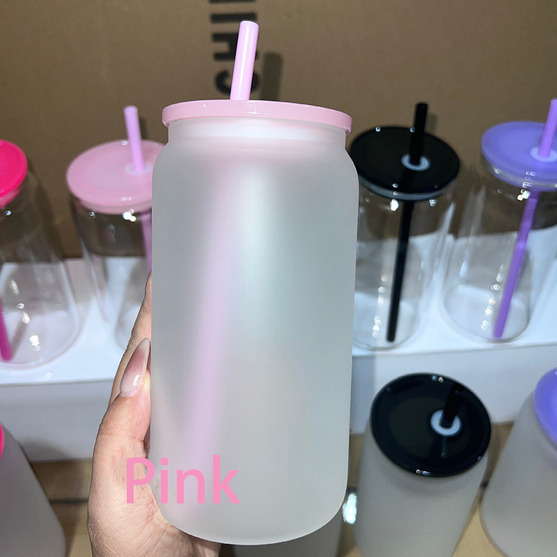 NEW China RTS 16oz Sublimation Glass Libby Can with Colored Lid and Straw Free Shipping (25PCS/50PCS)