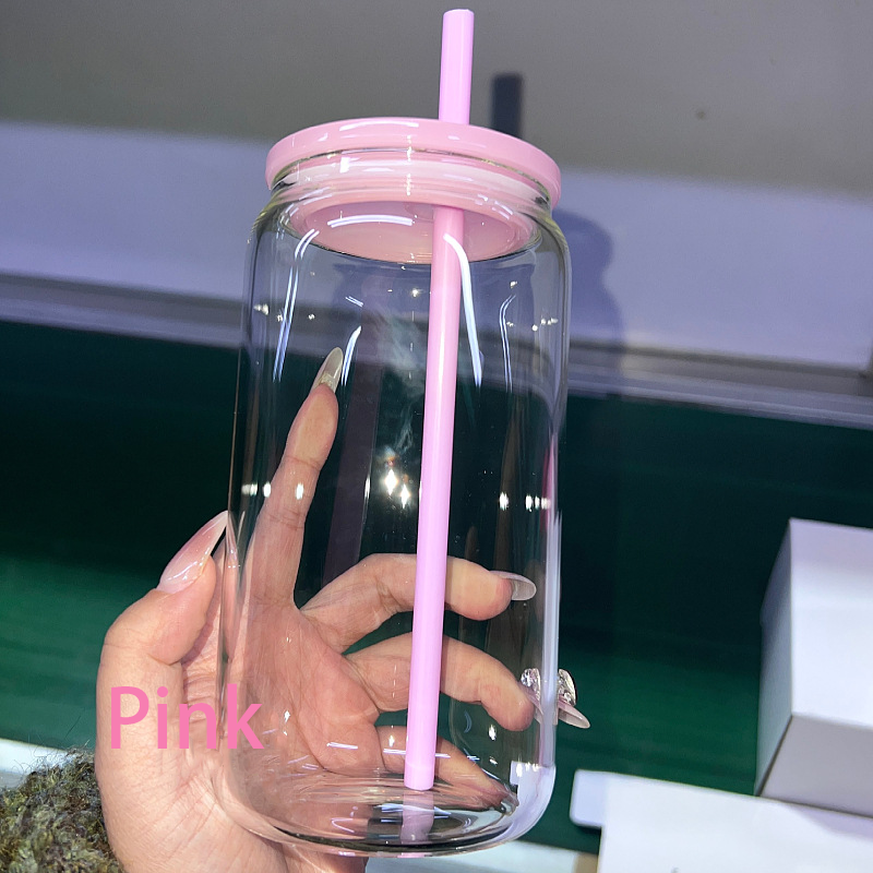 NEW China RTS 16oz Sublimation Glass Libby Can with Colored Lid and Straw Free Shipping (25PCS/50PCS)