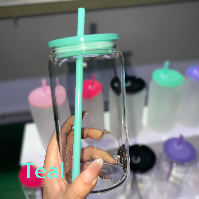 NEW China RTS 16oz Sublimation Glass Libby Can with Colored Lid and Straw Free Shipping (25PCS/50PCS)