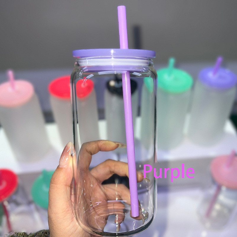 NEW China RTS 16oz Sublimation Glass Libby Can with Colored Lid and Straw Free Shipping (25PCS/50PCS)
