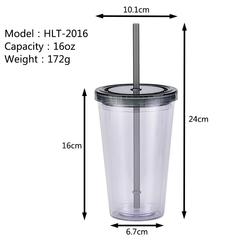 China 16oz/24oz/32oz Plastic Double Walled Cup with Colored Lid and Straw Free Shipping (24PCS)