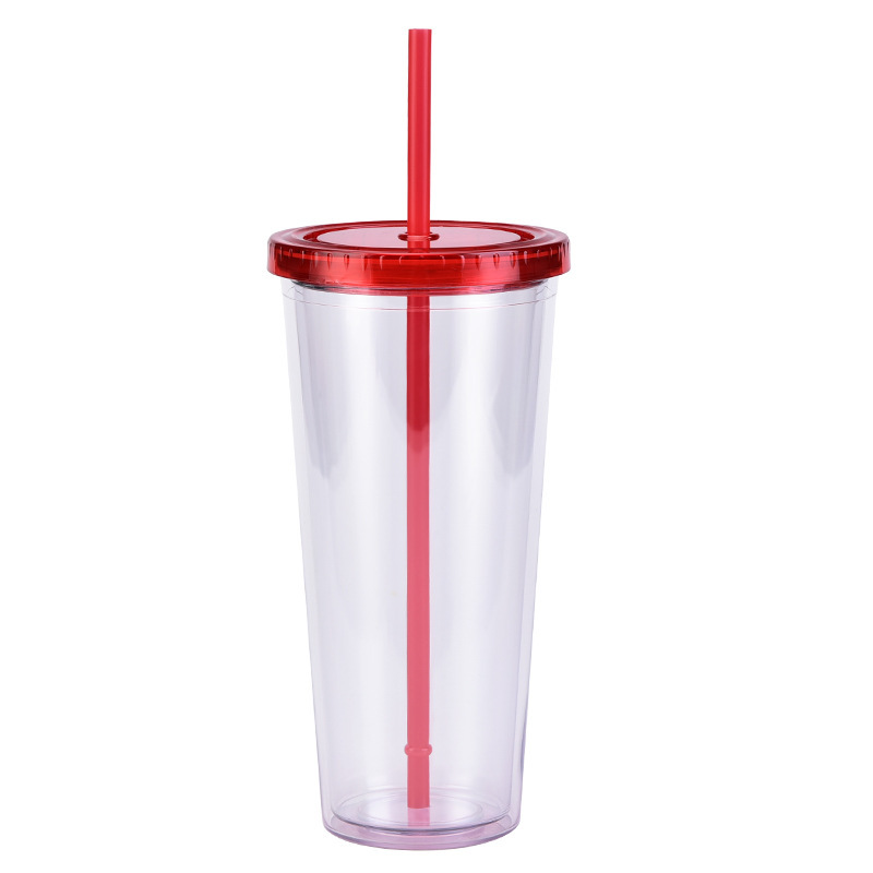 China 16oz/24oz/32oz Plastic Double Walled Cup with Colored Lid and Straw Free Shipping (24PCS)