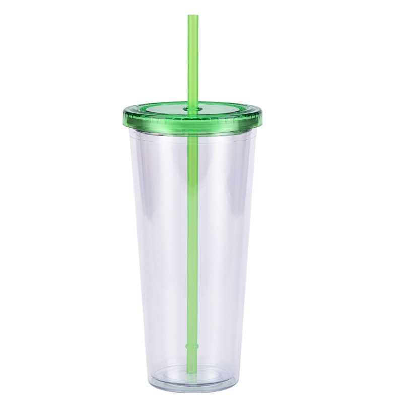 China 16oz/24oz/32oz Plastic Double Walled Cup with Colored Lid and Straw Free Shipping (24PCS)