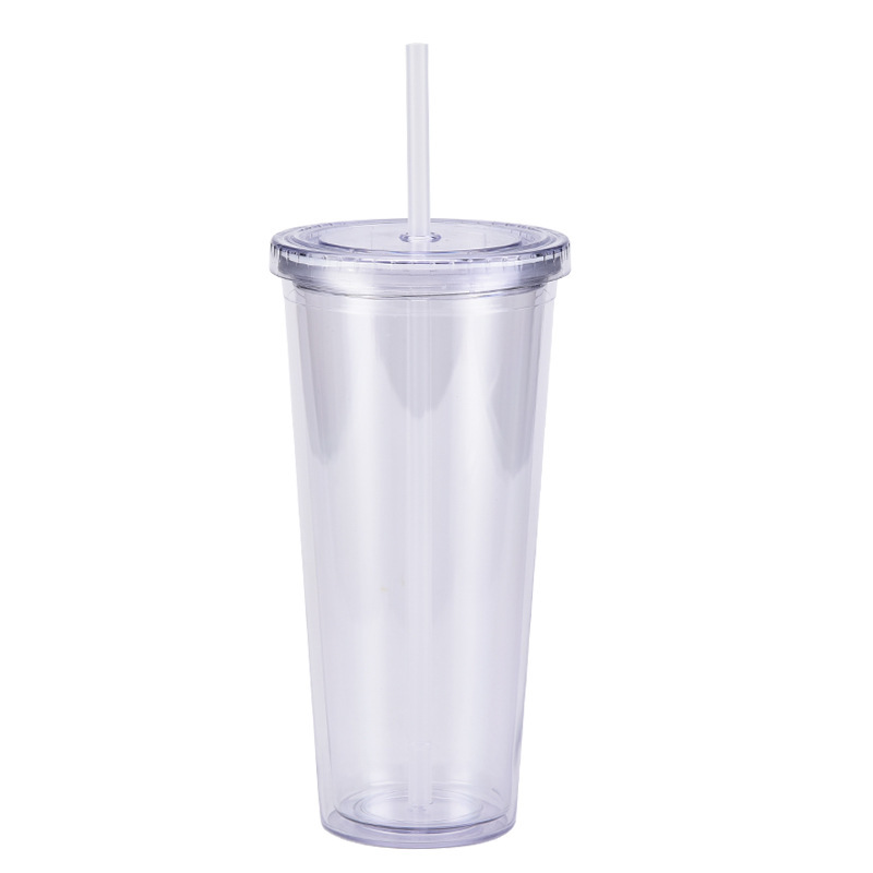 China 16oz/24oz/32oz Plastic Double Walled Cup with Colored Lid and Straw Free Shipping (24PCS)