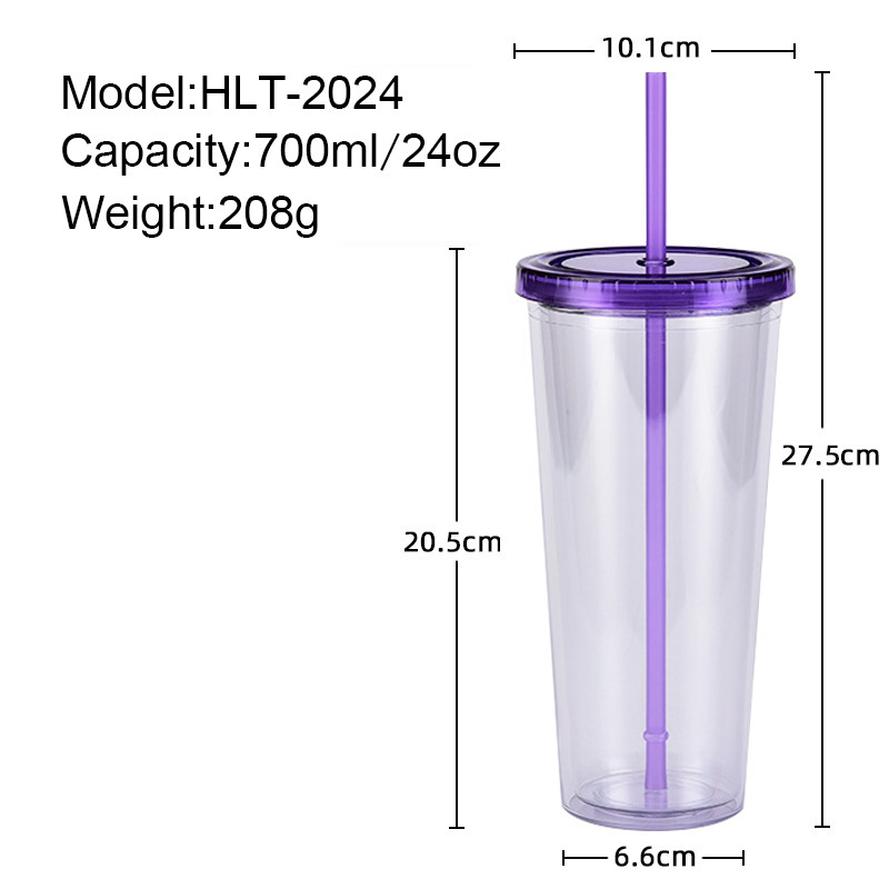 China 16oz/24oz/32oz Plastic Double Walled Cup with Colored Lid and Straw Free Shipping (24PCS)