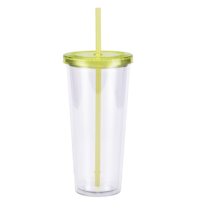 China 16oz/24oz/32oz Plastic Double Walled Cup with Colored Lid and Straw Free Shipping (24PCS)