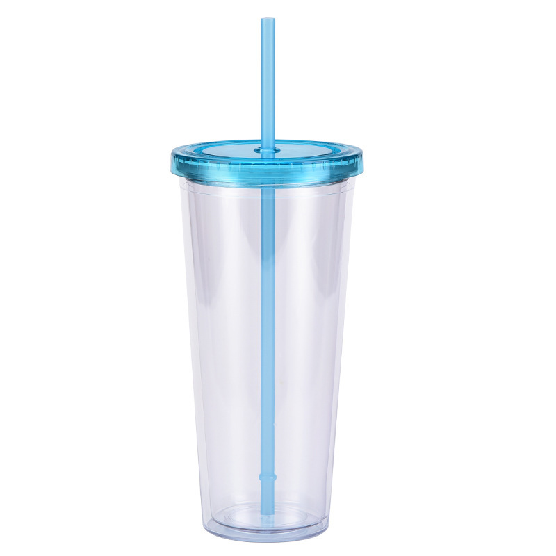 China 16oz/24oz/32oz Plastic Double Walled Cup with Colored Lid and Straw Free Shipping (24PCS)