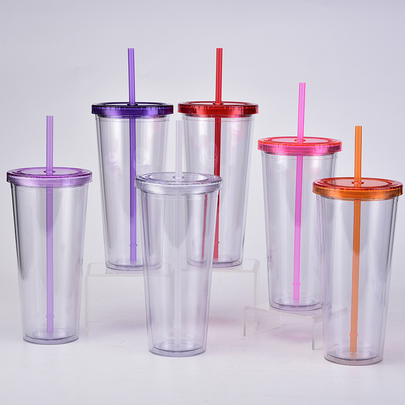 China 16oz/24oz/32oz Plastic Double Walled Cup with Colored Lid and Straw Free Shipping (24PCS)