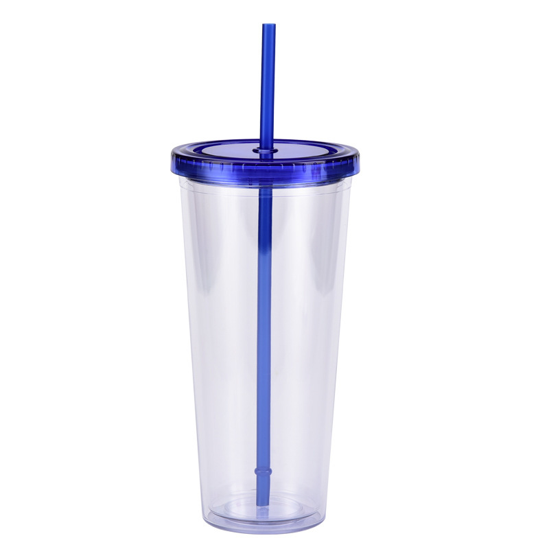China 16oz/24oz/32oz Plastic Double Walled Cup with Colored Lid and Straw Free Shipping (24PCS)