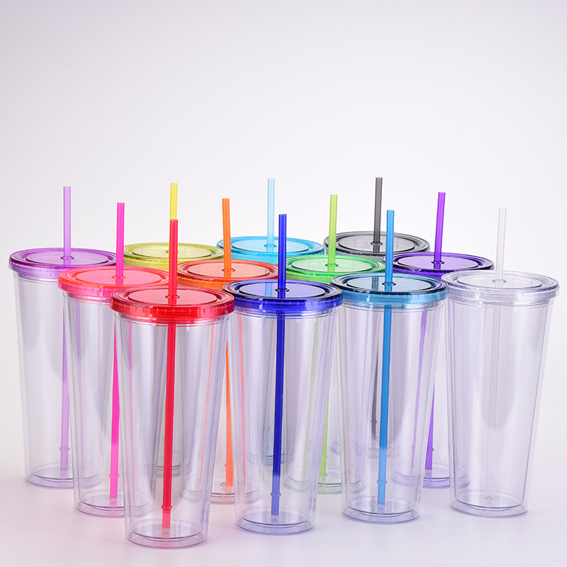 China 16oz/24oz/32oz Plastic Double Walled Cup with Colored Lid and Straw Free Shipping (24PCS)