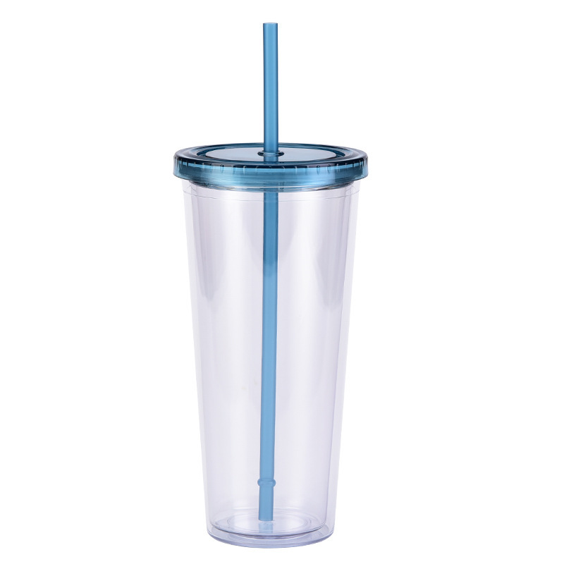 China 16oz/24oz/32oz Plastic Double Walled Cup with Colored Lid and Straw Free Shipping (24PCS)