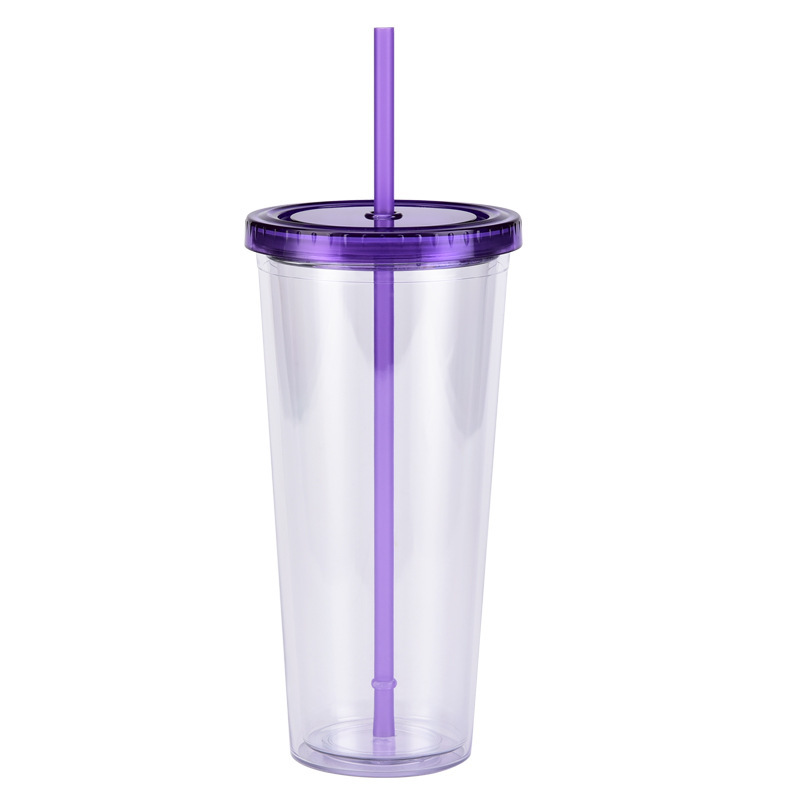 China 16oz/24oz/32oz Plastic Double Walled Cup with Colored Lid and Straw Free Shipping (24PCS)