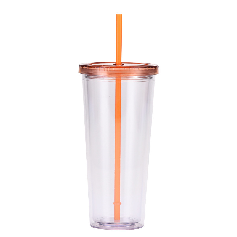 China 16oz/24oz/32oz Plastic Double Walled Cup with Colored Lid and Straw Free Shipping (24PCS)