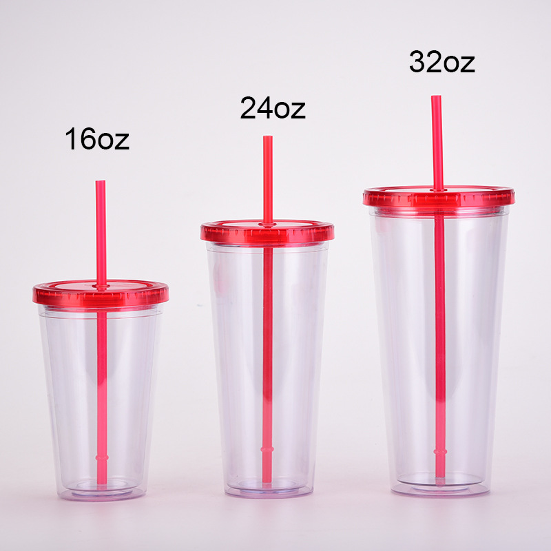 China 16oz/24oz/32oz Plastic Double Walled Cup with Colored Lid and Straw Free Shipping (24PCS)