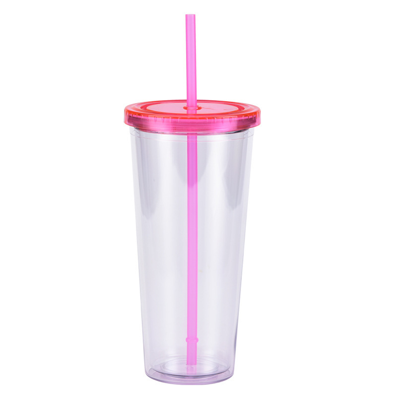China 16oz/24oz/32oz Plastic Double Walled Cup with Colored Lid and Straw Free Shipping (24PCS)