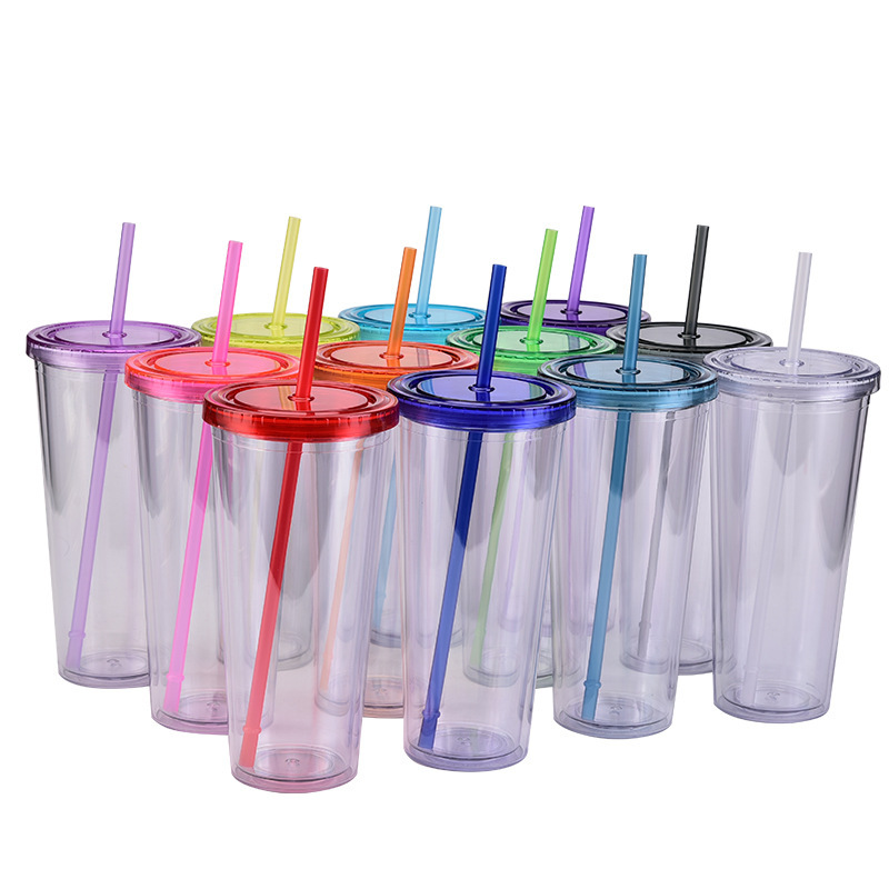 China 16oz/24oz/32oz Plastic Double Walled Cup with Colored Lid and Straw Free Shipping (24PCS)