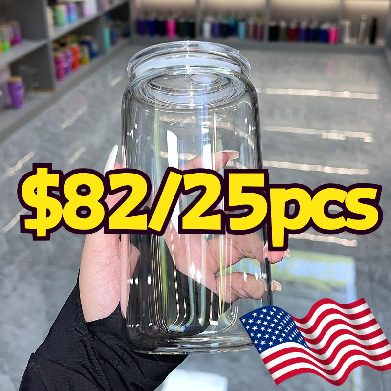 US RTS 16oz Sublimation Clear Glass Libby Can with Clear Plastic Lid Free Shipping (25PCS)